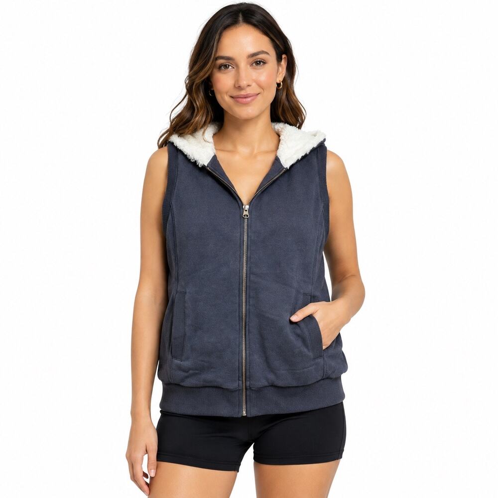 Old Navy Hooded Vest Womens Medium Blue Sherpa Lined Full Zip Y2K Hoodie Jacket